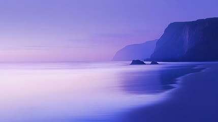 A serene coastal scene at twilight, where the sky gradually shifts from blue to purple to dark blue, enhanced by a glowing grainy gradient