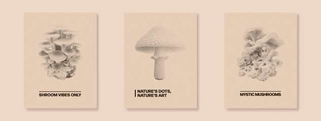 Set of Mystical Neon Magic Mushrooms. Vector banner with trendy halftone elements. Vintage design for for t-shirt, postcard, poster, invitation.