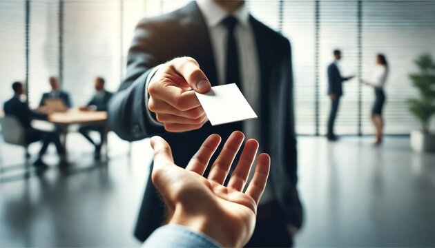 Business professionals exchanging a business card in a modern office setting during the day