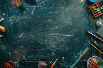 Paint brushes and artistic tools on a blackboard, great for education or creative projects