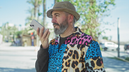 A fashionable bearded man in a colorful shirt using a smartphone on a sunny urban street.