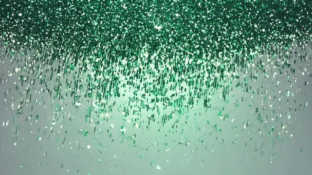 Shiny emerald green glitter wall falling down in slow motion at neutral minty background. Festive backdrop with floating particles simulation for Christmas, birthday presentation, party or promo