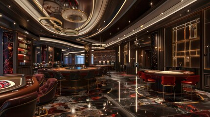 Luxurious casino interior with black marble floors, gold accents, and gaming tables.