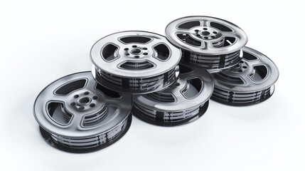 Three black film reels stacked on a white surface.

