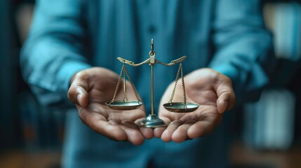 Person's hands holding a golden scale of justice.