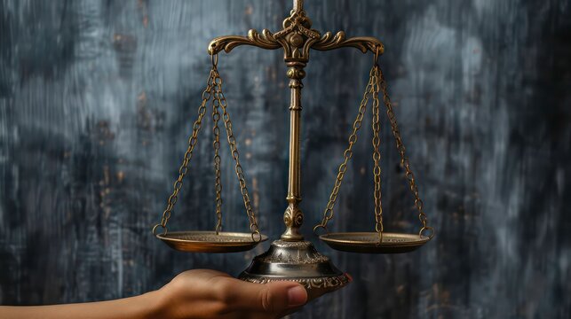 A hand holds a golden scale of justice with scales balanced and chains hanging.