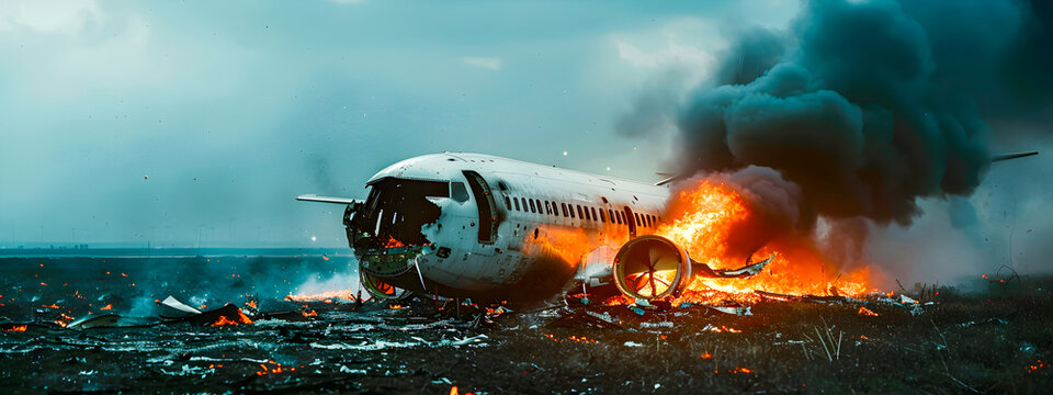 A passenger plane crashed and caught fire in a field, copy space. Concept of airplane crash, crash.