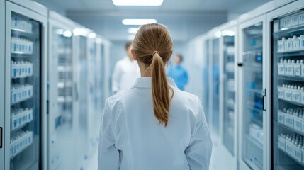 Woman in a lab, observing egg freezing equipment, 3D illustration