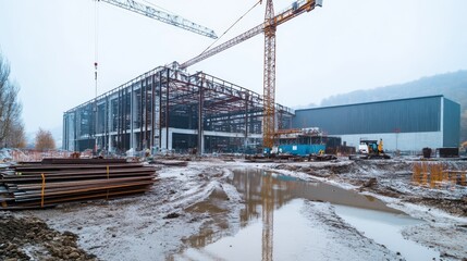 Fototapeta premium factory construction: cranes, beams
