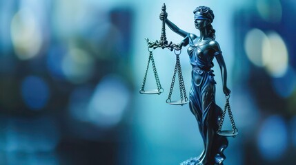 The blindfolded figure of Justice holds a scale in front of a blue bokeh background.