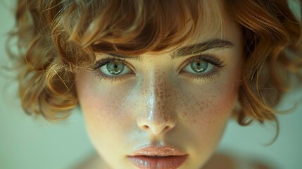 Close-up Portrait of a Woman with Freckles and Green Eyes