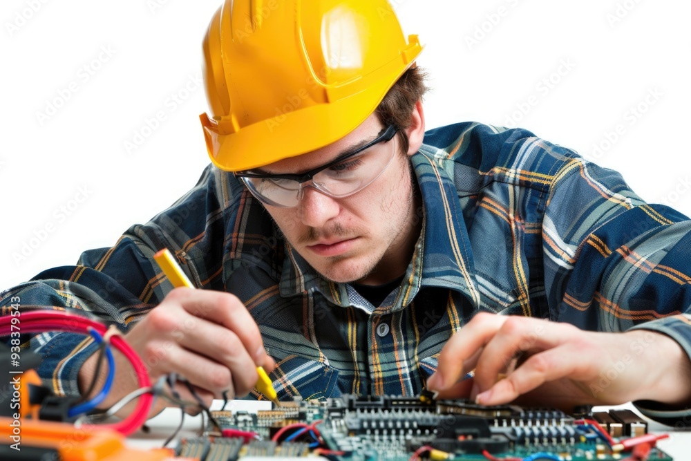 Poster a worker in a hard hat is assembling or repairing electronic components on a circuit board