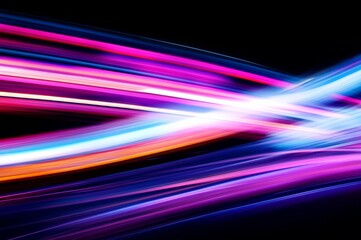  Long Exposure Shot of Neon Light Trails on a Black Background, Creating an Abstract and Futuristic Design with Streaks of Pink, Blue, Purple, Red, Orange, and White