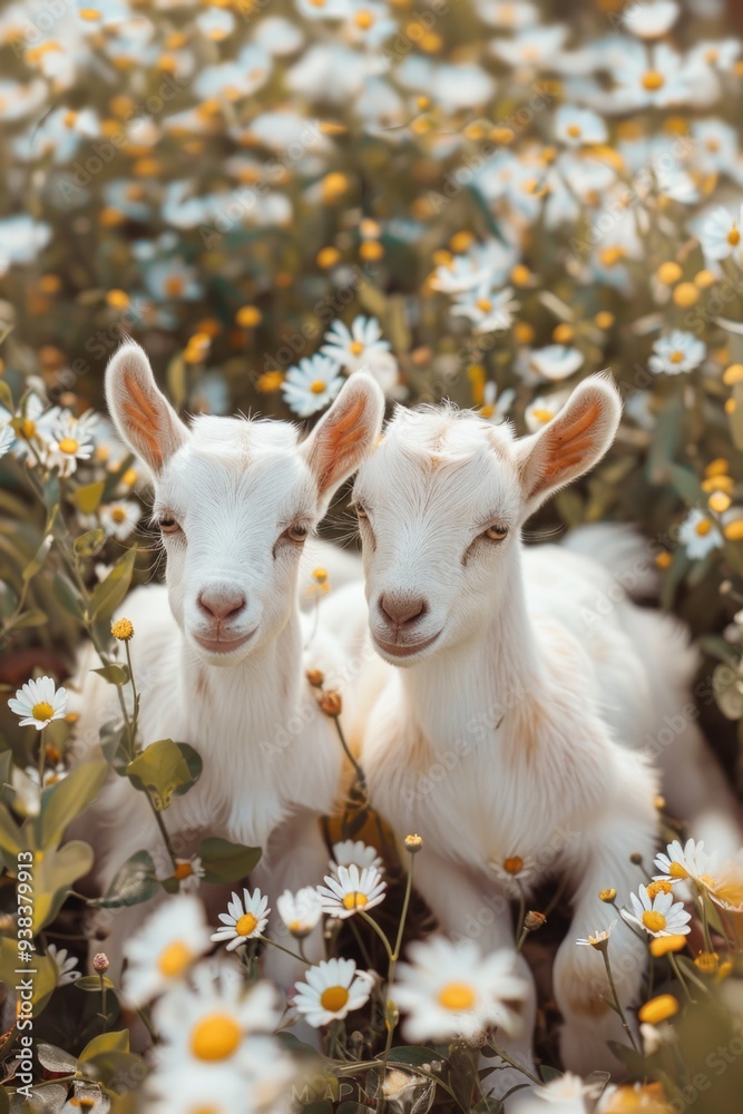 Poster Two goats relax in a beautiful field of flowers