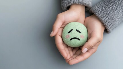 A pair of hands gently cradling a sad green ball, symbolizing emotional support and compassion in times of distress.