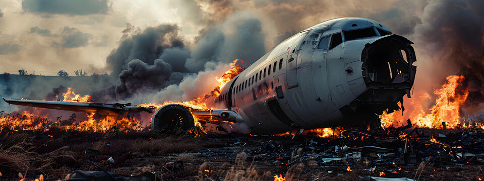 A passenger plane crashed and caught fire in a field, copy space. Concept of airplane crash, crash.