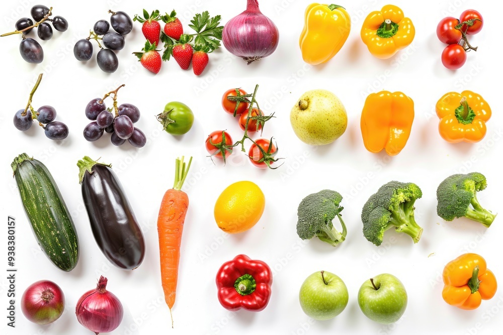 Poster a selection of colorful fruits and vegetables arranged on a white surface