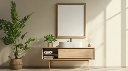 3D Rendering, 3D illustration luxury bathroom in dry Zone, mockup photo frame on beautiful the wall, Decorated with wooden shelf and cabinet with plant in pot, rendering