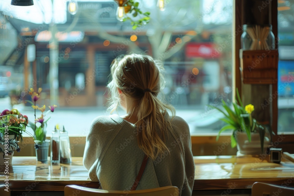 Poster a person sitting at a table with natural light from the window