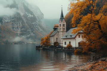 Fototapeta premium A peaceful scene with a church situated on the shoreline of a serene lake
