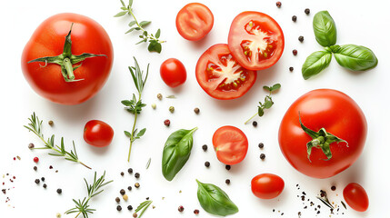 Red tomatoes, herbs, and peppercorns on a white background.

