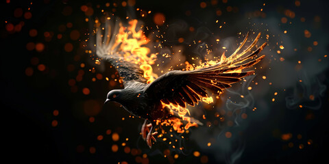 Flying black dove on fire