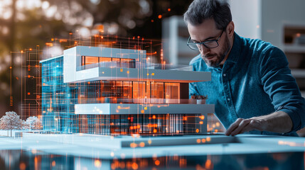 An architect standing with a model of a modern building, overlaid with graphic blueprints and design elements, creating a fusion of creativity and precision