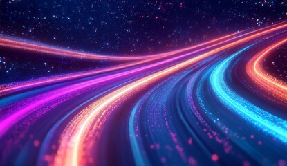Vertical AI Illustration of an Abstract Light Trail with Neon Colors, Representing Speed and Technology in Data Transfer for Network Marketing