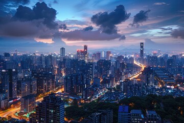 Obraz premium High-rise building offering a view of the city at night, with twinkling lights and bustling streets below