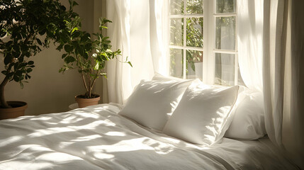 Gentle sunlight filters through curtains, casting soft light on a neat bed with white pillows and potted greenery, exuding tranquillity and modern elegance.