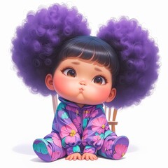 Fototapeta premium A cute baby girl character with big purple afro puff hair sits on the floor wearing a floral jumpsuit against a white background.