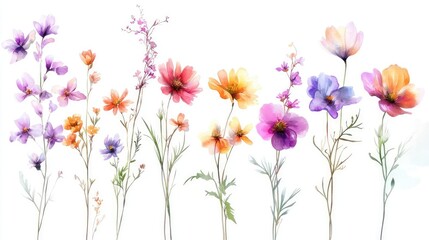 Fototapeta premium A vibrant collection of watercolor flowers showcasing various colors and delicate details, perfect for spring and nature themes.