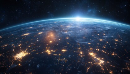 Obraz premium A stunning view of Earth illuminated by city lights, captured from space during twilight, showcasing the planet's natural beauty and human impact