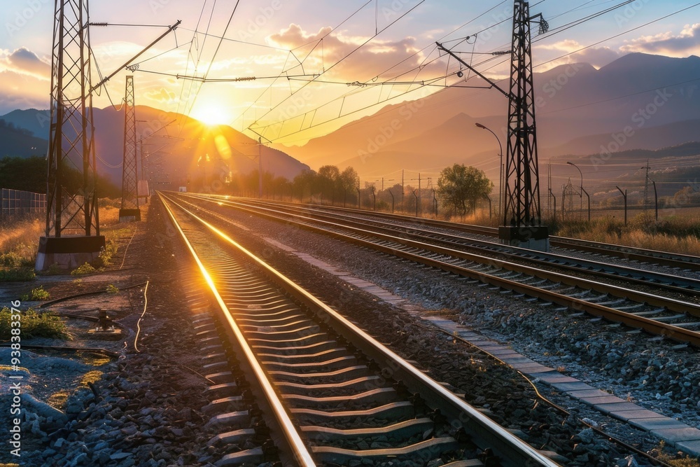 Poster train traveling down railway tracks at sunset, one phrase with short advice of where may be used thi