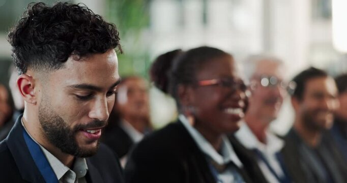 Smile, business people and presentation at seminar with yes for corporate PR, development or growth. Public relations, men and women in audience with agreement at conference, trade show or convention