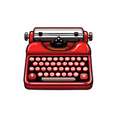 A realistic illustration of a classic red typewriter with a black keyboard and white keys.