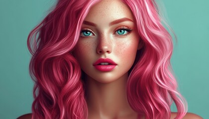 Young woman with vibrant pink hair and striking blue eyes against a teal background, showcasing her unique and colorful style