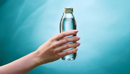 Hand holding bottle of water on blue background