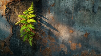 A single fern frond grows out of a crack in a textured stone wall.