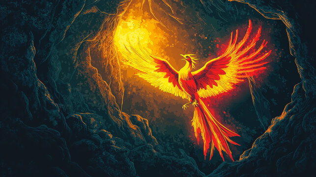 Pop art concept Big tailed phoenix rising in the sky with red and yellow lights running. Background in pop art retro comic style.