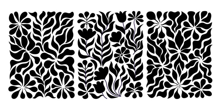 Groovy abstract flower posters. Floral doodle patterns. Trendy vector set.