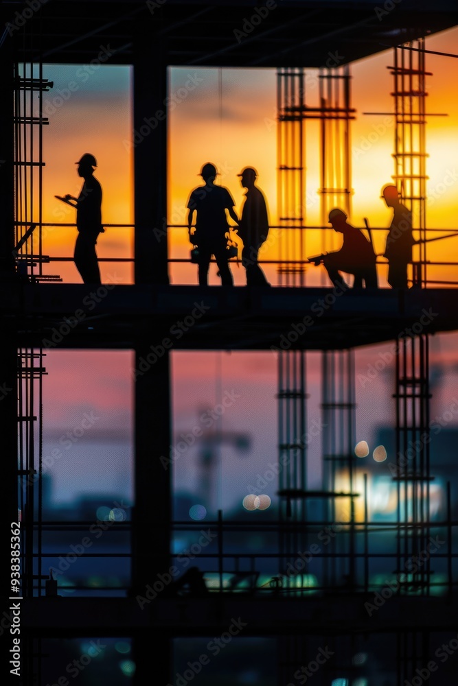 Wall mural A group of construction workers are silhouetted against the vibrant colors of a setting sun