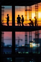 A group of construction workers are silhouetted against the vibrant colors of a setting sun