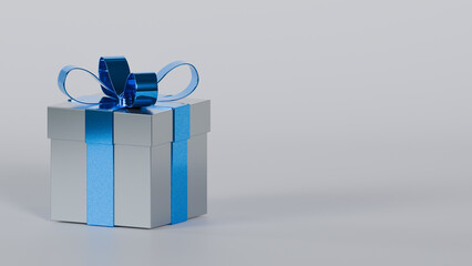 Silver gift box with a blue bow and a space to write a message