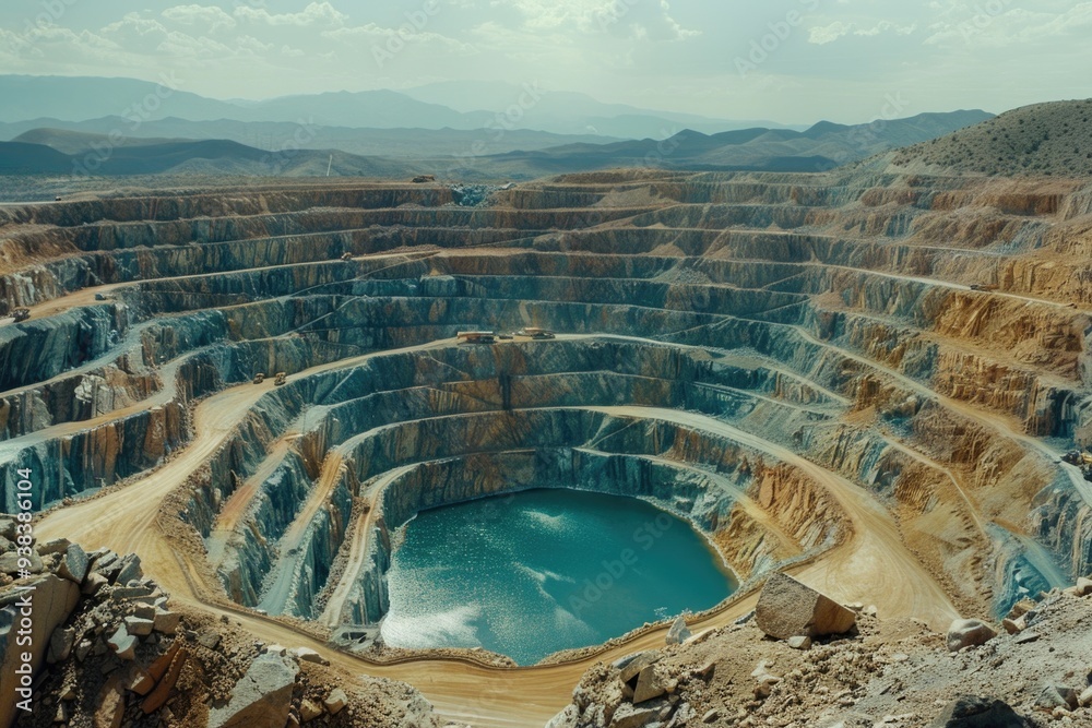 Poster a large open pit lake filled with water, suitable for use in environmental or industrial context