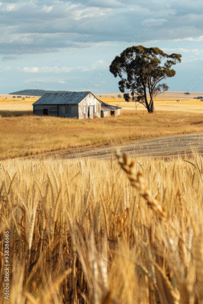 Poster a field of wheat with a barn in the background