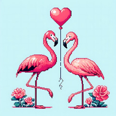 Obraz premium Pixel-art image of two flamingos holding a heart balloon.