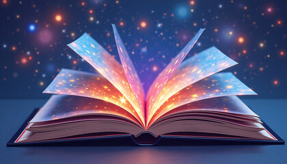 Cosmic star patterns brought to life with vibrant watercolor hues fill the open pages of an art book with galactic charm