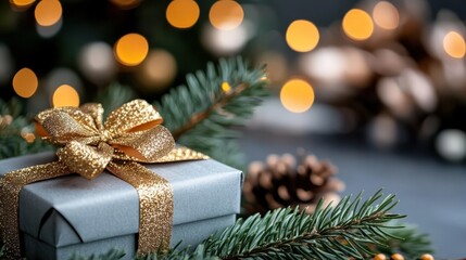 A close-up of a stylishly wrapped present with a shiny golden bow, nestled among holiday decorations, capturing the essence of festive cheer and holiday gifting.