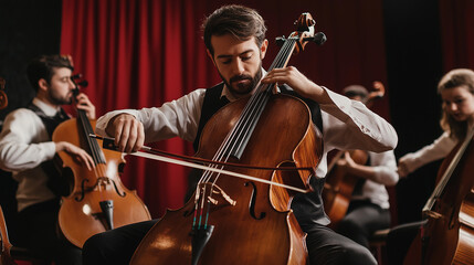 Fototapeta premium Handsome young Male classical music artist passionately playing cello with string quartet musicians sitting in circle in studio with contrast top light against red curtains